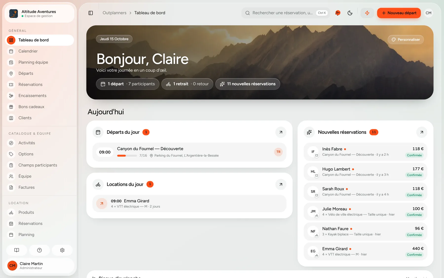 Tableau de bord Outplanners : départs et locations du jour, nouvelles réservations