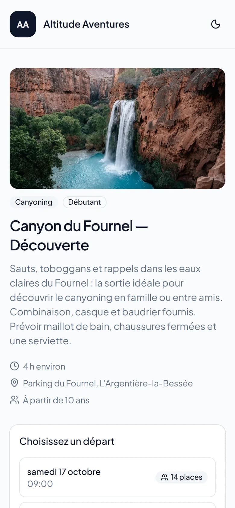 Page de réservation d'une activité, vue par le client sur mobile